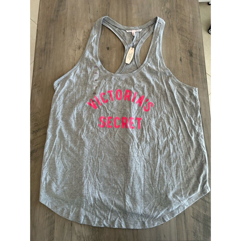 NEW! Victorias Secret Gray Racerback Tank Top With Pink Lettering. Size XL
